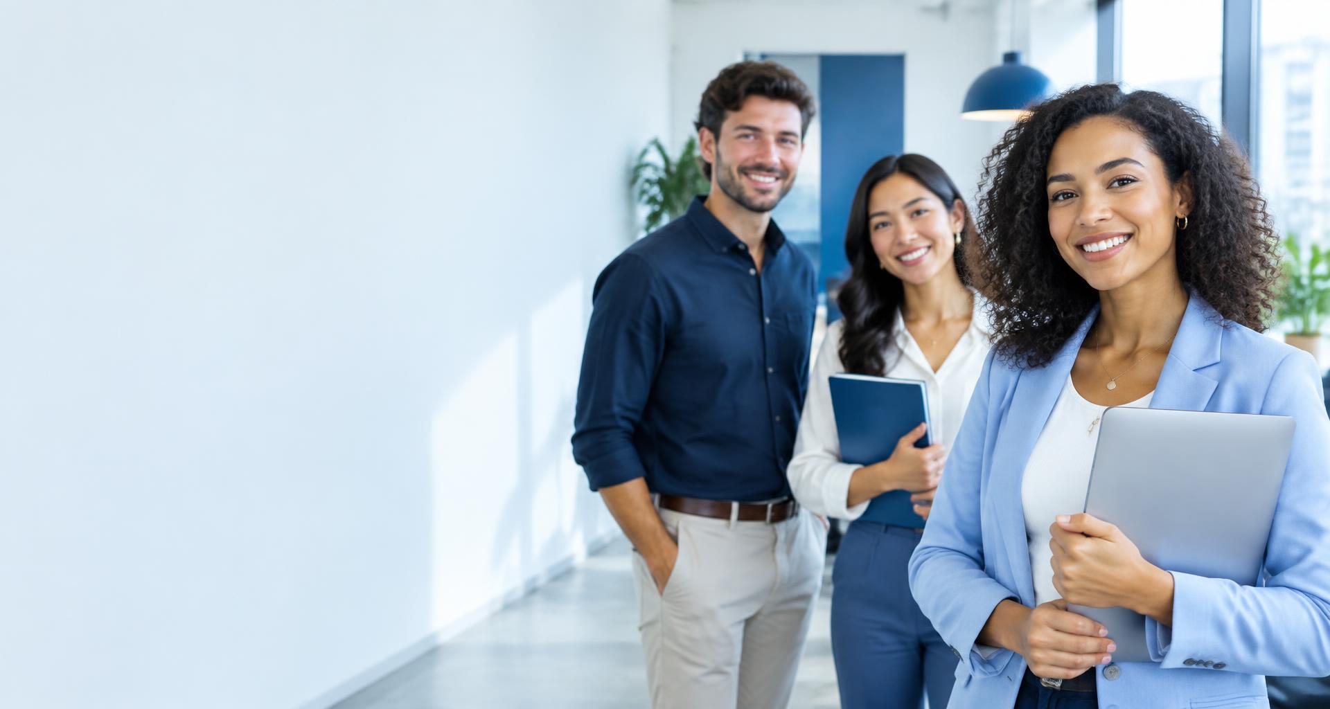 A welcoming group of professionals in a bright workplace